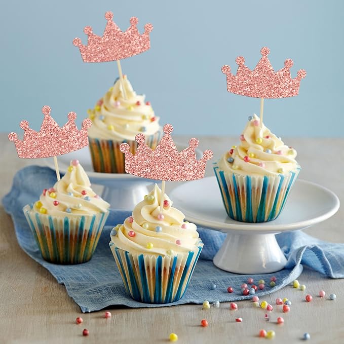 Ephlyn 24Pcs Crown Cupcake Toppers Glitter Queen Crown Cupcake Picks for Queen Princess Theme Baby Shower Girls Wedding Birthday Party Cake Decorations Supplies Rose Gold