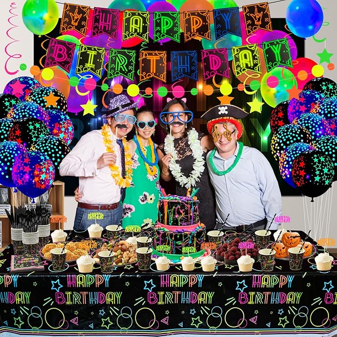 Glow Neon Party Supplies - Neon Balloon, Glow in the Dark Happy Birthday Banner, Hanging Swirls, Cake Topper, Tablecloth, Plates, Napkins, Cup for Blacklight Party Decorations, Serves 20 Guest