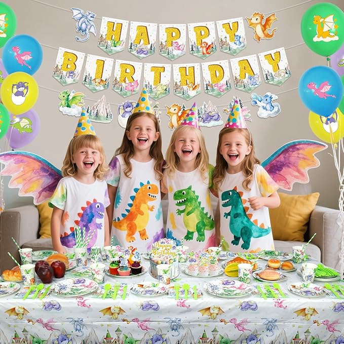 Dragon Party Supplies, Including Happy Birthday Banner, Plates,Cups, Napkins, Tablecloth, Balloons, Straws, for Dragon Theme Boy Girl Birthday Party Decorations Serves 20 Guest