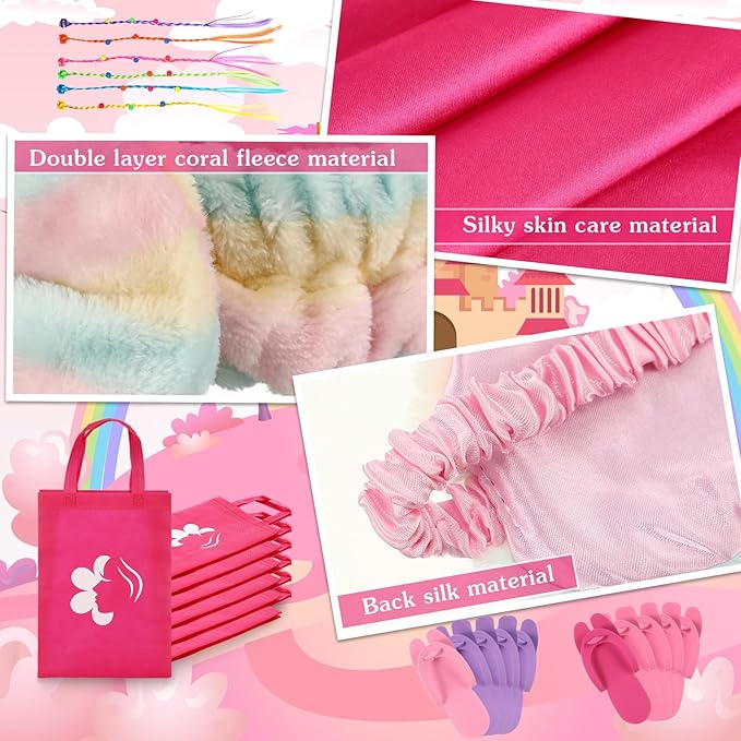 6 Set Sleepovers Teepee Tents Spa Party Robes Supplies Bulk with Inflatable Airbed and Light String, Party Supplies for Birthday Movie Spa Favors Gifts Indoor Outdoor(5 Pink,1 Rose Red)