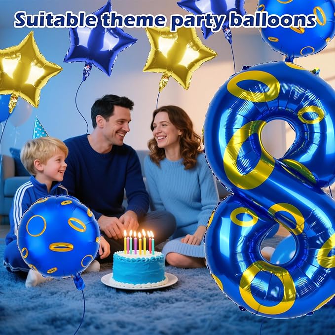 40 Inch Blue and Golden Ring Themed Number Balloon, Number Block Foil Number 8 Balloons Large Big Numbers Helium Balloon for Girls Boys 8th Birthday Theme Party Decorations (Number 8)
