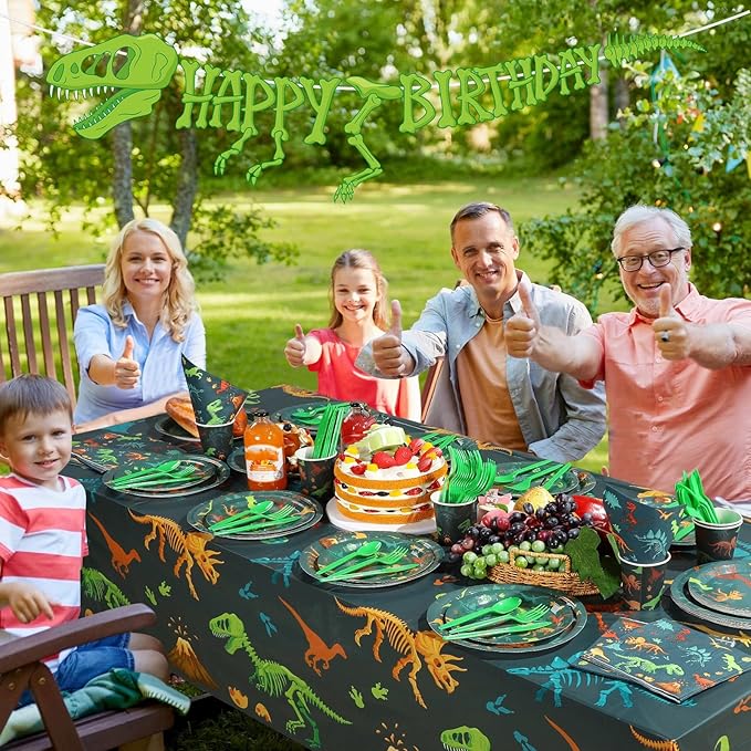 Uiifan 171 Pcs Dinosaur Birthday Decorations Party Supplies with Dinosaur Birthday Plates Paper Cups Table Cloths Napkins Tableware Pack Dino Banner for Dino Theme Party Plates Supplies Decorations