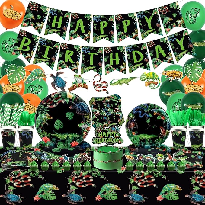 KEFAN Reptile Party Decorations, Wildlife Lizards Snakes Crocodiles Party Tableware Supplies including HAPPY BIRTHDAY Banner, Plates, Cups, Napkins, Tablecloth, Balloons-Serves 20