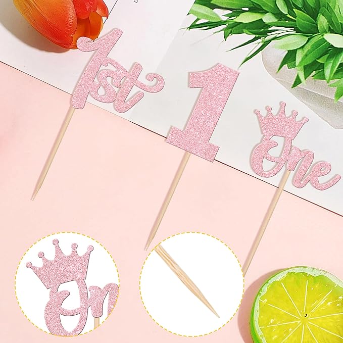 Wild One 24 PCS Glitter Cupcake Toppers - 1st Birthday Crowns & Decorations for Kids Party, Boho Theme, Light Pink