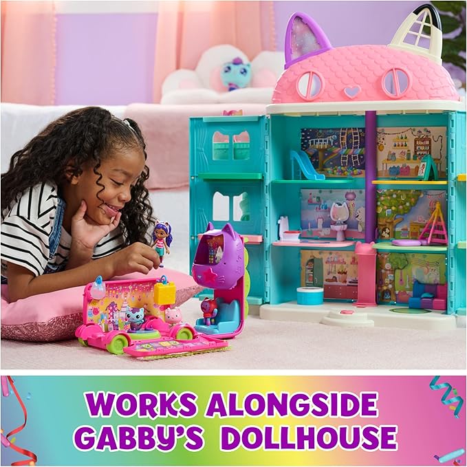DreamWorks GABBY'S Dollhouse Celebration Party Bus, Transforming Playset with Gabby & DJ Catnip Toy Figures & Dollhouse Accessories, Kids Toys for Ages 3 and Up