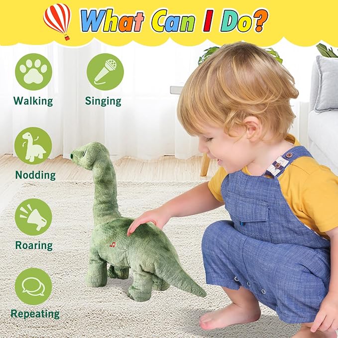Green Dinosaur Toys for Girls Walking Nodding, Roaring, Repeating What You Say, Touch & Button Control Eyes Turn Red Realistic Pet, Toy Gift for Kids Christmas Birthday Easter Toddlers