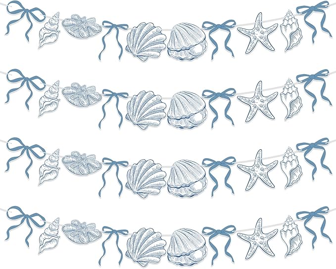 4 PACK Summer Banner Seashells Decor Party Decorations Party Supplies Birthday Decorations Blue Bow Starfish and Christmas Ornaments Under The Sea Paper Hanging Banner for Women Men Baby Showre