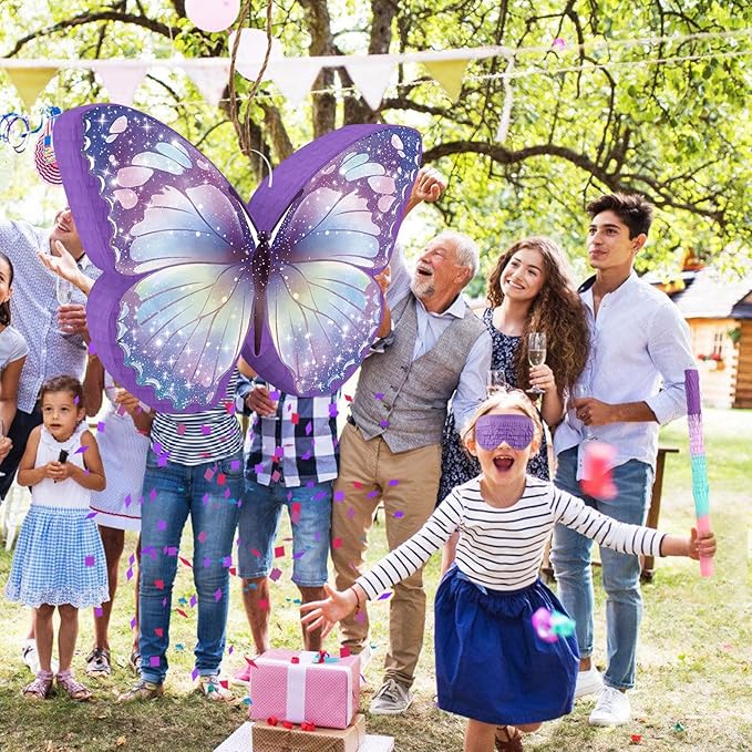Hooqict Butterfly Piñata Purple Butterfly Pinata with Blindfold and Bat Stick for Kids Girls Spring Garden Family Games Purple Fairy Birthday Party Decorations Supplies