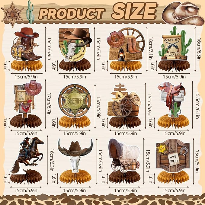12 Pcs Cowboy Western Party Decorations Wild West Honeycomb Centerpieces for Tables Cowboy Rodeo Centerpieces 3D Western Theme Birthday Party Supplies