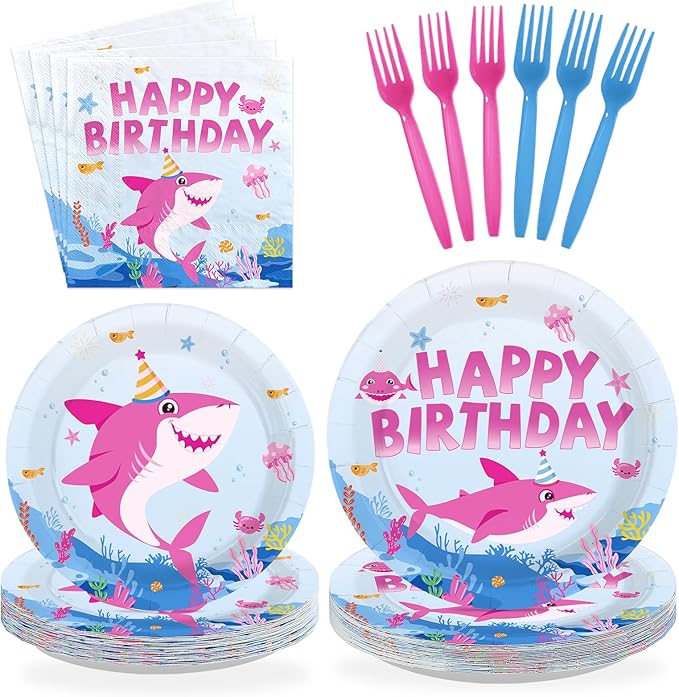 96Pcs Pink Shark Birthday Party Decorations for Baby Girl Shark Plates and Napkins Pink Babyshark Tableware Set for Girls Ocean Beach Under The Sea Birthday Party Supplies，Serves 24