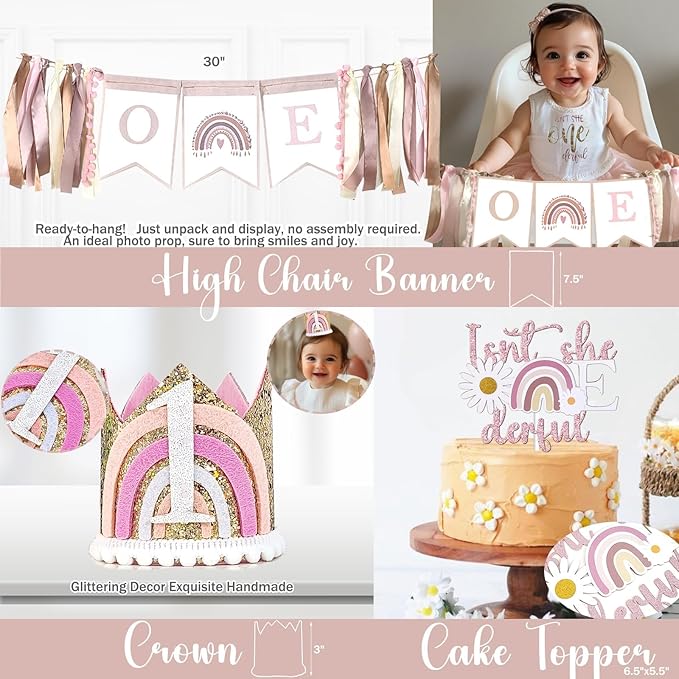 Isn't She Lovely Isn't She Onederful First Birthday Decorations, 147 PCs – Onederful 1st Party Supplies with Boho Rainbow Backdrop, Balloon Garland, Cake Topper, Daisy Foil Balloons