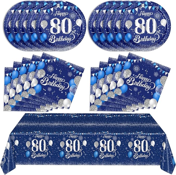 Blue 80th Birthday Decorations for Men Navy Blue Silver Happy 80th Birthday Tableware Set Include Happy 80th Birthday Plates Napkins Tablecloth for 60th Birthday Anniversary Party Decorations Supplies