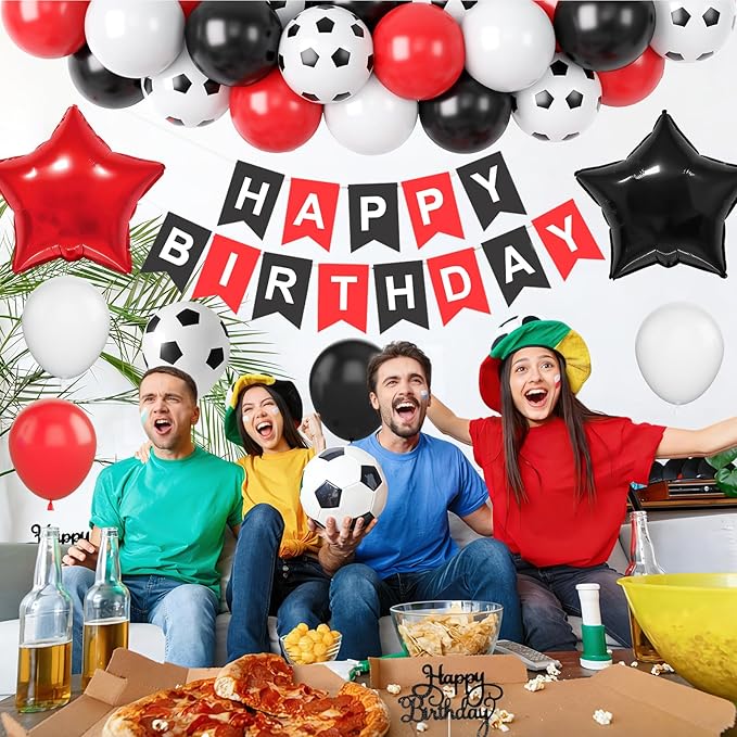 Soccer Birthday Party Decorations for Men Women, Soccer Birthday decorations with Red Black White Balloons Happy Birthday Banner Cake Toppers 18in Foil Balloon for Boys Girls Women Men Party Decor