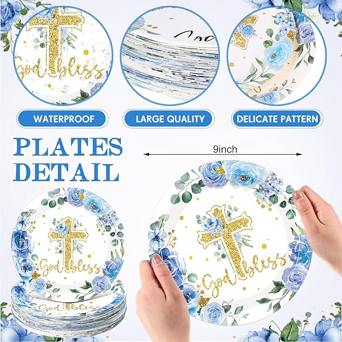 60 Pcs Baptism Cross Paper Plates 9 Inch God Bless Flower Disposable Plates First Holy Communion Floral Party Plate Tableware for Christening Celebration Baby Shower Religious Party Supplies