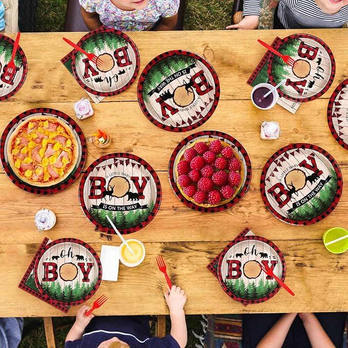 Lumberjack Baby Shower Party Decorations Buffalo Plaid Lumberjack Baby Boy Shower Plates and Napkins Set Wild Bear Forest A Little Baby Boy Decoration for Boys Camping Hunting Bear Supplies Serve 24