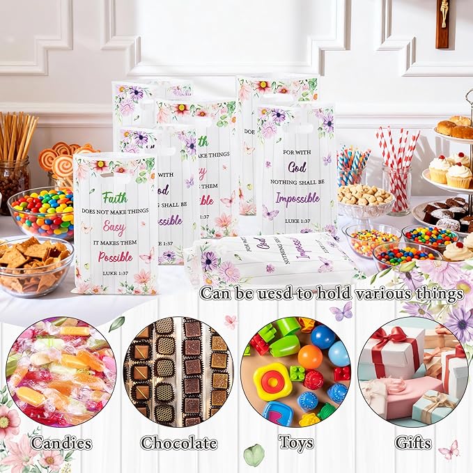50Pcs Religious Party Favor Bags - Bible Verse Floral Goodie Candy Treat Plastic Gift Bag Inspirational Flower Christian Party Decoration for Kid Women Birthday Wedding Baptism Spring Church Supplies