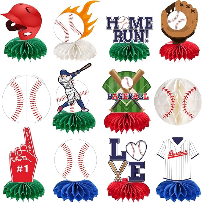kockuu 12 Pcs Baseball Centerpieces for Party Table Decorations, Double-sided Baseball Honeycomb for Birthday Sports Theme Decor Supplies Favors