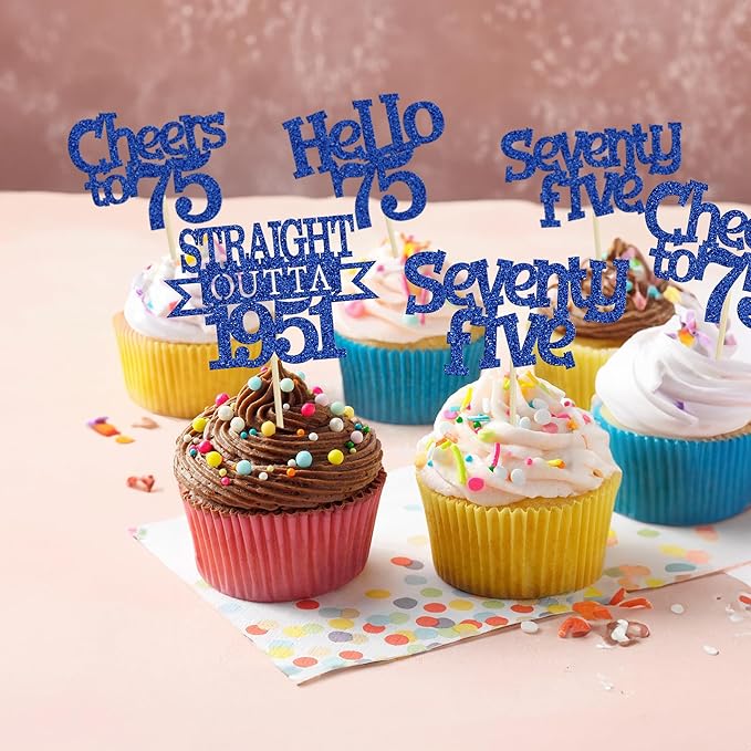 Ephlyn 24Pcs 75th Birthday Cupcake Toppers Glitter Straight Outta 1951 Cupcake Picks Hello 75 Cheers to 75 Years Cake Decorations for 75th Birthday Anniversary Party Decorations Supplies Blue