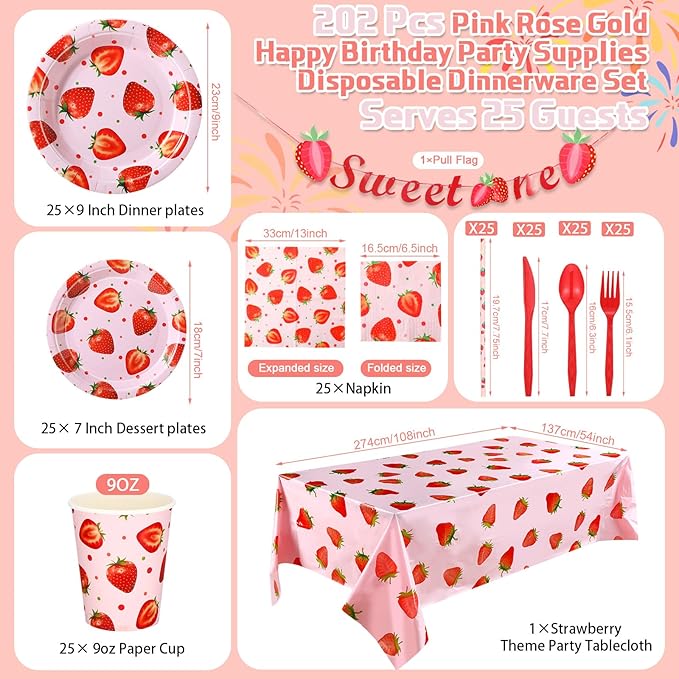 Sawysine 202 Pcs Strawberry Party Supplies Disposable Dinnerware Set 50 Plates 25 Cups 25 Napkins 25 Plastic Forks 25 Knives 25 Spoons 25 Straw Flag Tablecloth to Serve 25 Guests