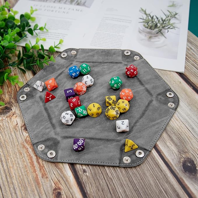 SIQUK 2 Pieces Dice Tray PU Leather Dice Folding Hexagon Tray Dice Holder for Dice Games Like RPG, DND and Other Table Games (Pink, Gray)