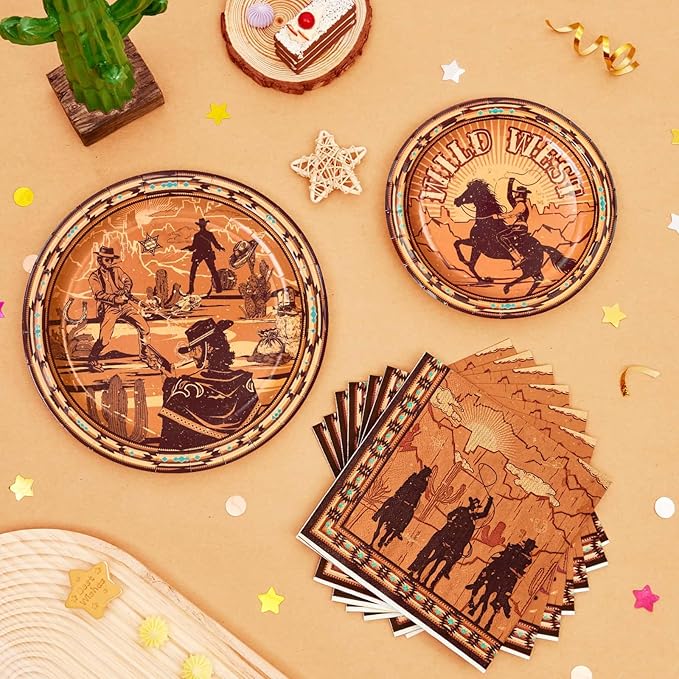 WERNNSAI Western Party Decorations - 48 PCS Cowboy Plates and Napkins First Rodeo Birthday Supplies Wild West Themed Tableware for Kids Boys Birthday Bachelorette Party Decor Serves 16 Guests