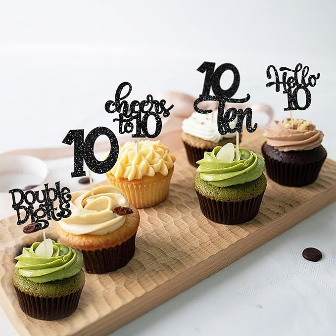 30Pcs 10th Birthday Cupcake Toppers Ten Double Hello 10 Cupcake Picks Cheers to 10 Years Old Cake Decorations for 10th Birthday Party Supplies Black Glitter