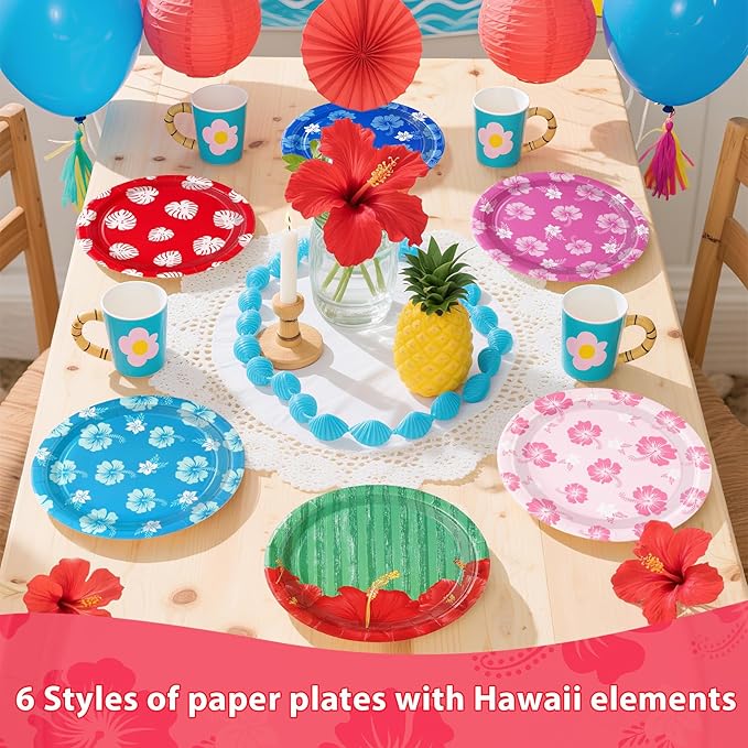 60Pcs Hawaiian Party Paper Plates 9 Inch Disposable Heavy Duty Hawaiian Hibiscus Floral Plates Tropical Luau Cartoon Hibiscus Party Decorations for Hawaii Summer Beach Pool Holiday Birthday Supplies