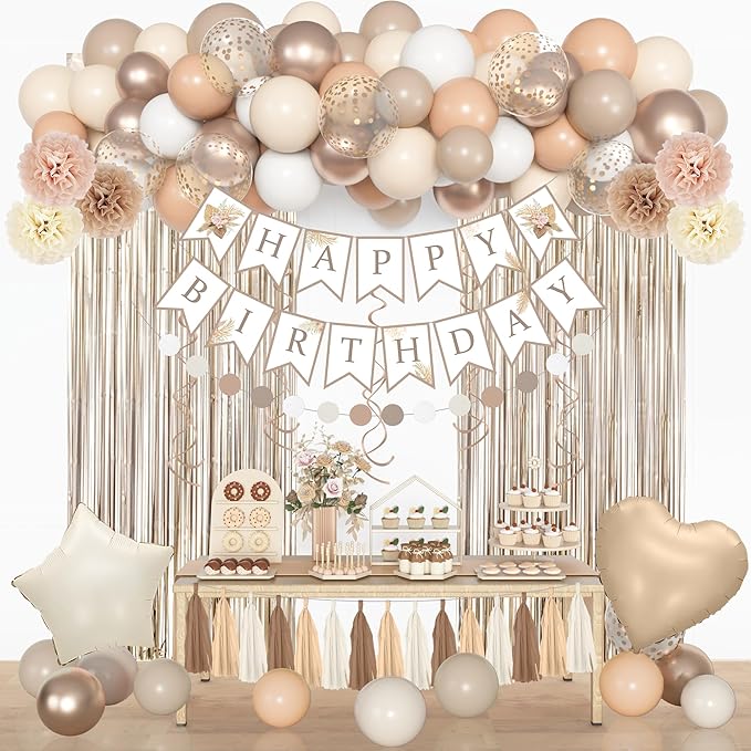 Birthday Decorations for Women, Beige Cream Neutral White Sand Confetti Balloons Boho Happy Birthday Banner Fringe Curtains Hanging Swirls Circle Dots Tassels Pompoms Women Girls Party Supplies