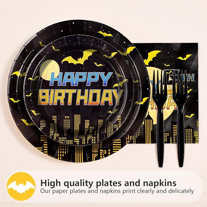 96Pcs Bat 5th Birthday Decorations Cartoon Bat Hero Plates and Napkins Sets Bats Birthday Party Decorations for Boys Girls 5 Years Old Super Theme Hero Bats Party Supplies Serves 24