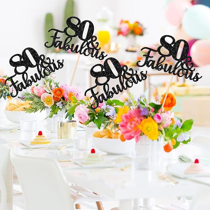 12 PCS 80 and Fabulous Centerpiece Sticks Double Sided Happy 80th Birthday Table Flower Centerpieces Sticks Cheers to 80 Floral Decorations for 80th Birthday Anniversary Party Supplies Black