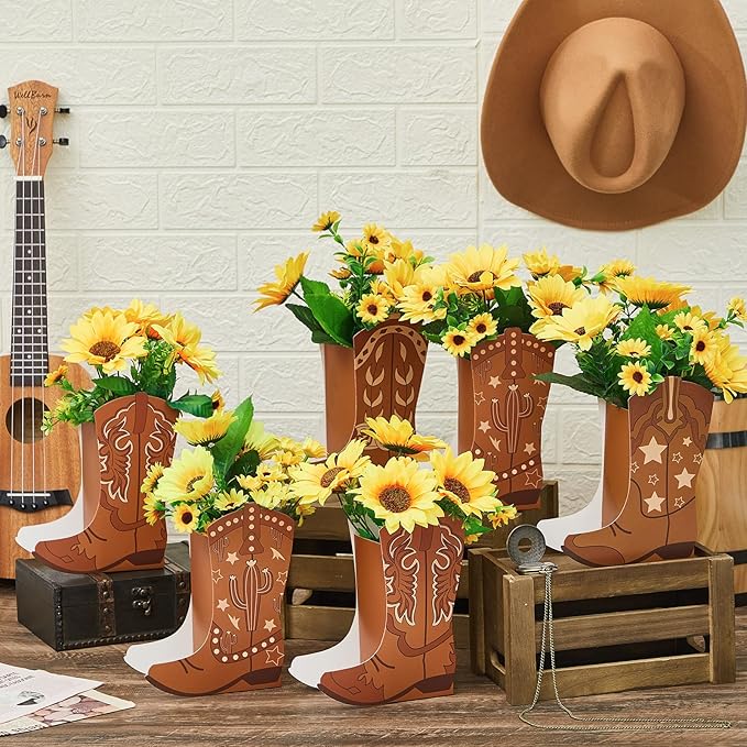12 Set Western Cowboy Boots Flower Boxes Centerpiece Boot Shape Gift Boxes Party Decoration Vase Centerpieces for Tables for Rodeo Birthday Baby Shower Wedding Supplies