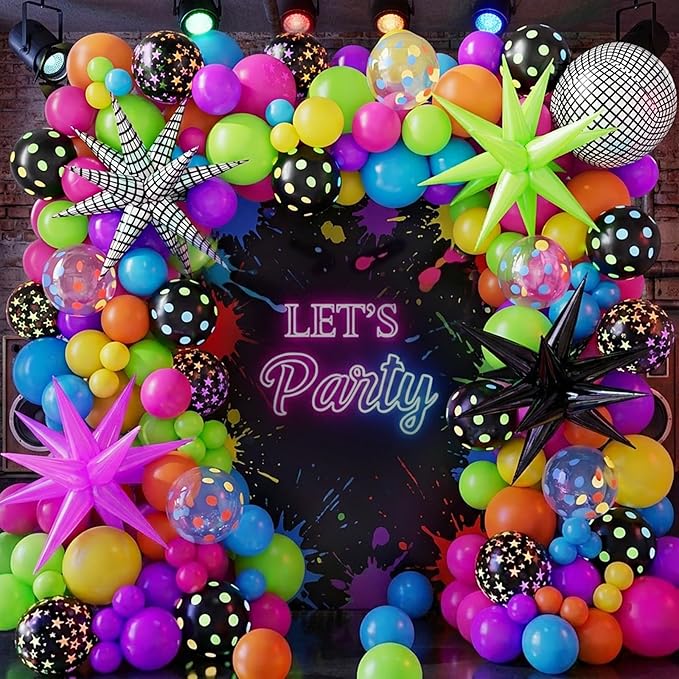 Neon Balloons Arch Garland Kit with Yellow Hot Pink Lime Green Orange Blue Neon Balloons for Back to 80s 90s Disco Birthday Party Decorations, Let's Glow Party, Rock Roll Party Supplies