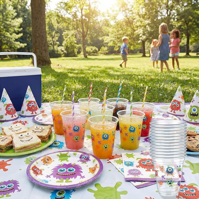 Uiifan 50 Pcs Monster Party Supplies 12 oz Cartoon Disposable Plastic Cups Purple Green Monster Theme Party Cups for Hot Cold Drinking Juice Ice Coffee Birthday Decoration