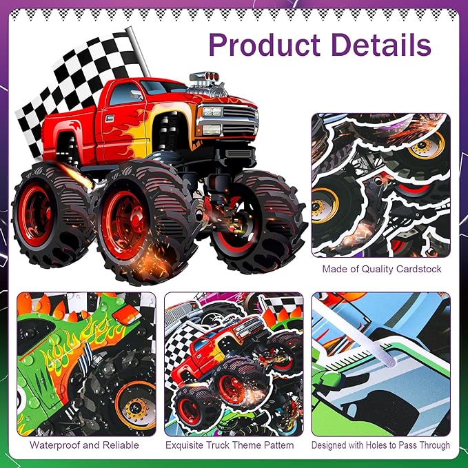 Pasimy 4 Pcs Truck Birthday Banner Cars Monster Truck Themed Garland Black and White Checkered Flags Pennants Green Purple Happy Birthday Bunting Racing Car Theme Party Decorations Supplies