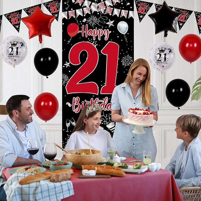 21th Birthday Decorations for Him Her, Red Black Happy 21st Birthday Decorations for Men Women, Boys 21st Bday Door Banner, Triangle Flag, Large 21 Balloons Decor for 21 Year Old Party