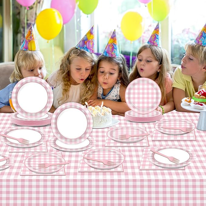 98 Pieces Pink checkered Party Supplies for 24 Guests Pink and White Checkered Tableware Set Plaid Plates Napkins Tablecloth Party Decorations for Birthday Barbecue Picnic Dinner Favors