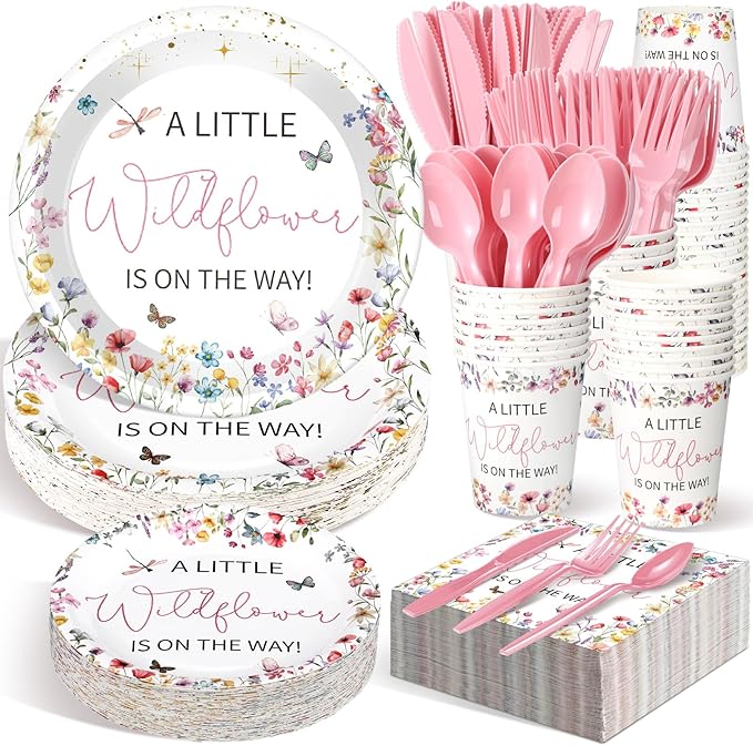 Dandat 350 Pcs Baby Shower Plates Set Baby Shower Party Supplies Serves 50 Tableware Sets Include Plates Napkin Cup Forks Knives Spoons Disposable Dinnerware(Wildflower,Pink)