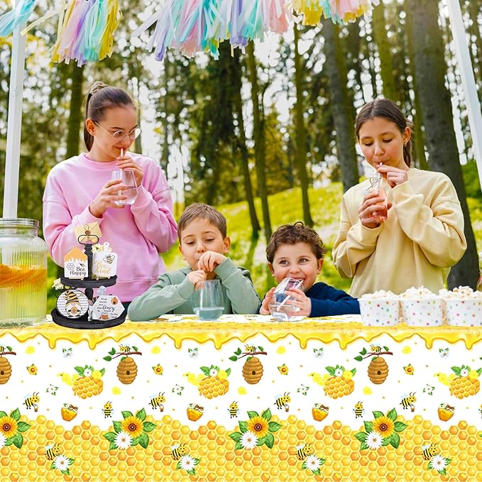 4 Pack Bee Tablecloth Happy Bee Day Tablecloths Rectangle Honey Bees Bumble Table Cover Bee Theme Party Tablecloth for Bee Baby Shower Bee Birthday Party Decorations 51 x 86 Inch