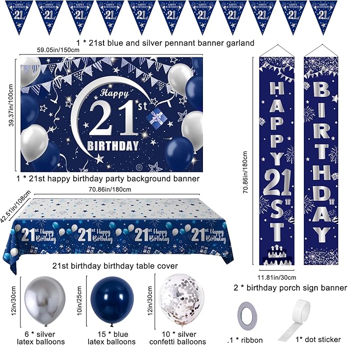 21st Birthday Decorations for Men and Women Blue, Happy 21st Birthday Door Backdrop Banner Balloons 21 Years Old Birthday Porch Sign Party Supplies with Latex Balloons Decor 21st Bday Boy Her Him