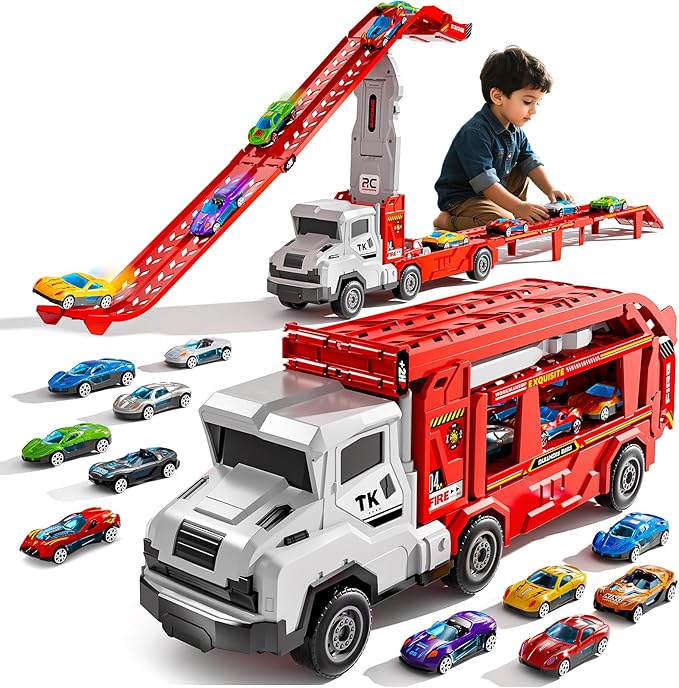 Truck Toys for Kids, Transport Vehicle with 12 Die-Cast Car, Double Race Car Track Cars Ramp Toy, Carrier Truck for Toddler 3-5, Christmas Birthday Gift for 3 4 5 6 7 8 Years Old Boys Girls