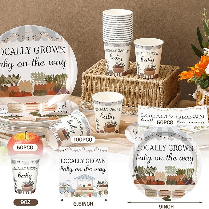 Hushee 200 Pcs Locally Grown Baby Shower Paper Plates Napkins Cups Baby Shower Party Supplies Tableware Set Disposable Cup Napkin for 50 Guest Party Decoration