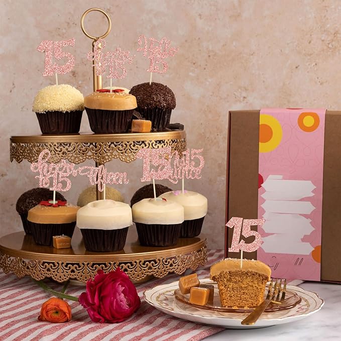 30Pcs 15th Birthday Cupcake Toppers Fifteen Cupcake Picks Cheers to 15 Years Old Mis Quince 15 Cake Decorations for 15th Birthday Anniversary Party Rose Gold Glitter