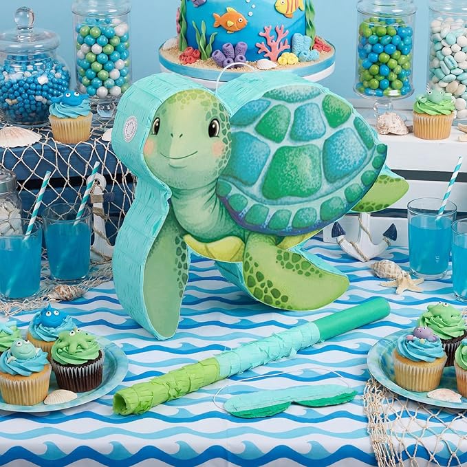 Aoriher Sea Turtle Piñata with Stick Blindfold & Confetti - Birthday Party Favors Decorations for Animal Theme Party Supplies Toys Outdoor Games, 15 x 13 x 3.2 Inch