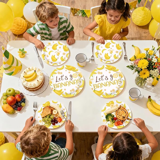 96PCS Yellow Banana Party Supplies Gold Glitter Fruit Plates And Napkins Let's Go Bananas Dessert Plates for Fruit Birthday Baby Shower Party Decorations Serves 24