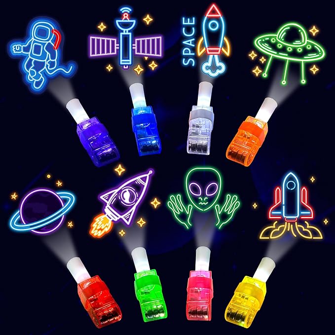 24PCS Space themed Party Favors-LED Finger Lights：Glow-in-the-Dark Light-Up Toys Bulk for Kids Boys Girls,Outer Space Party Decorations Supplies, Party Goodie Bags, Classroom Prizes, Fun Gifts