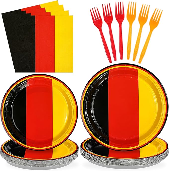 96 Pcs German Flag Party Decorations Disposable Germany Flag Paper Plates and Napkins German National Flag Tableware Set for National Country Decoration Patriotic Festival Party Supplies, Serves 24