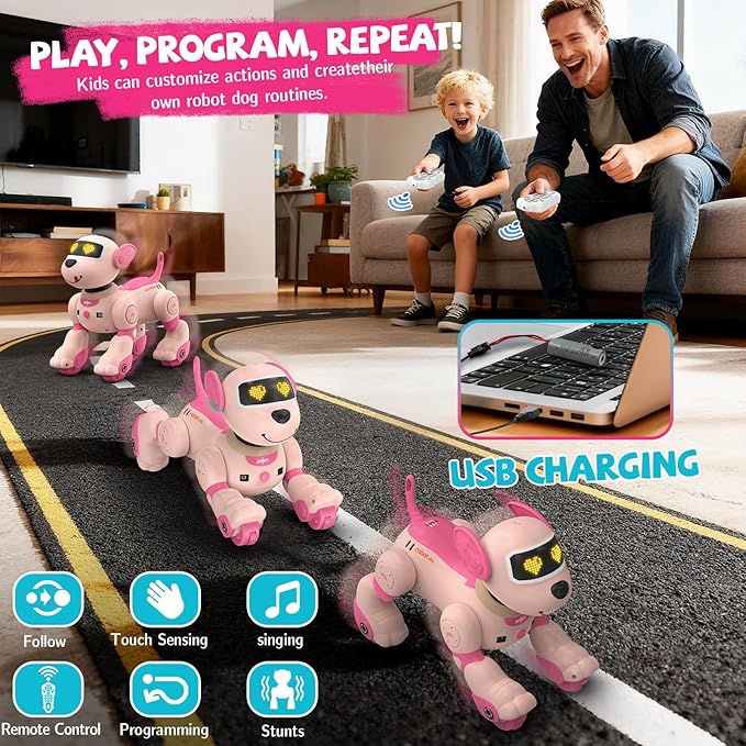 PRANITE Robot Dog Toy for Kids, RC Smart Programmable Robotic Puppy Interactive Touch Music Remote Control Follow Mode Fun STEM Educational Learning Toy Rechargeable Pink AI