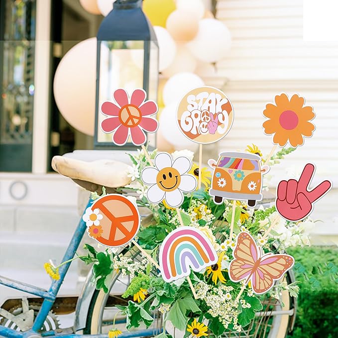 18 PCS Hippie Party Centerpiece Sticks Dasiy 60s Retro Boho Peace Sign Hand Butterfly Two Groovy Table Flower Centerpieces Sticks for Hippie Two Groovy Carnival Theme Birthday Party Supplies