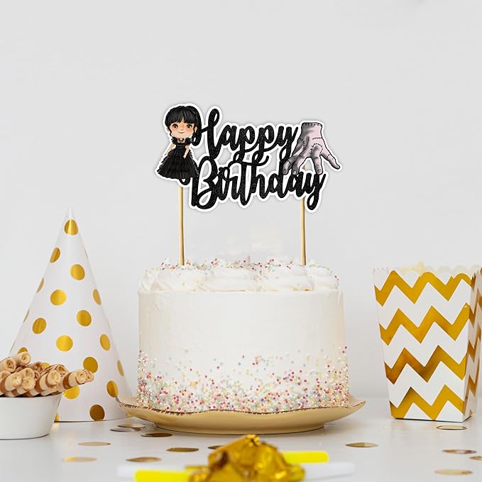 "Wednsday Happy Birthday Cake Topper – Spooky Gothic Theme Birthday Party Decoration – Creepy and Cool Cake Decoration for Adults – Addams Family Inspired Party Supplies for Halloween & Birthdays"