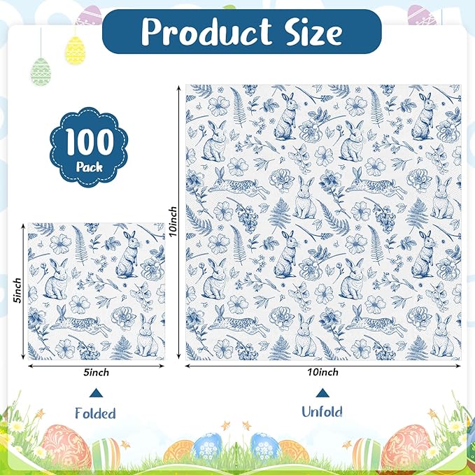 100 Pcs Easter Napkins, Retro Bunny Napkins Blue and White Rabbit Decoupage Napkin Chinoiserie Easter Dessert Beverage Napkin for Spring, Birthday, Baby Shower